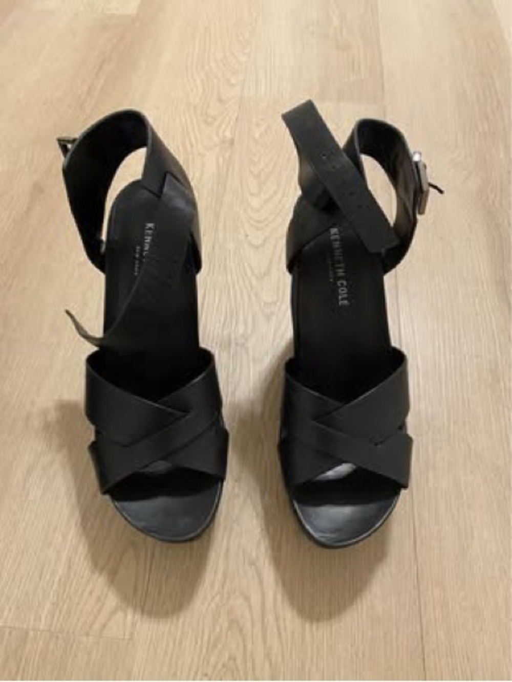 Kenneth Cole Black Leather Crossover Wedge Sandals - Picture 2 of 7